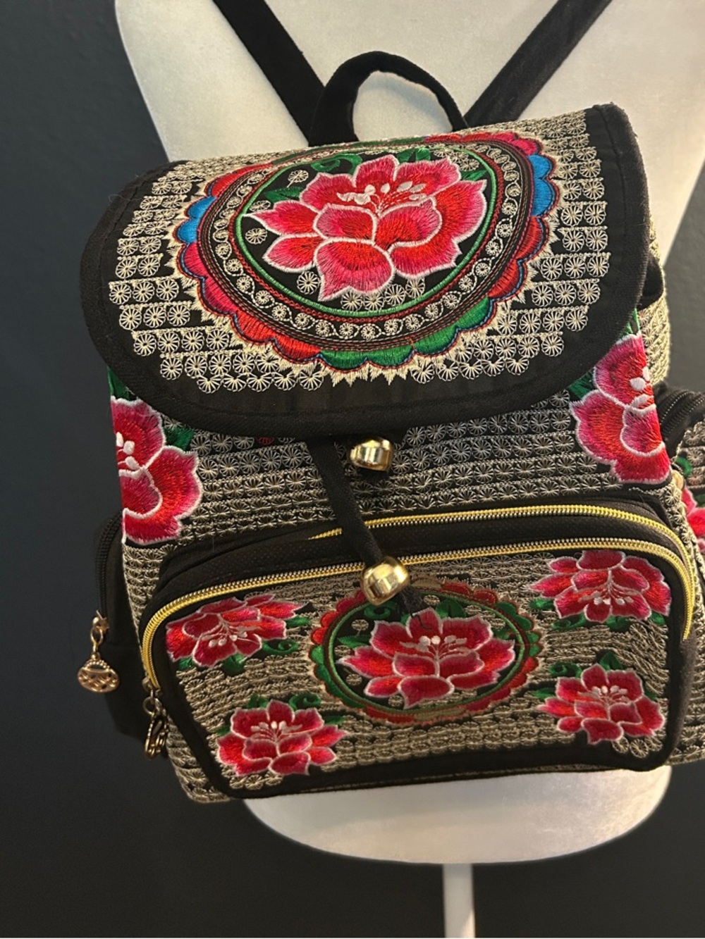 Floral Embroidered Black Canvas Backpack with Red Accents